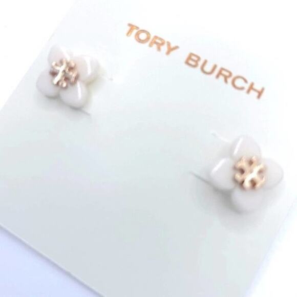 NWOT Tory Burch Gold Logo White Enamel Flower Stud Earrings - Picture 4 of 6